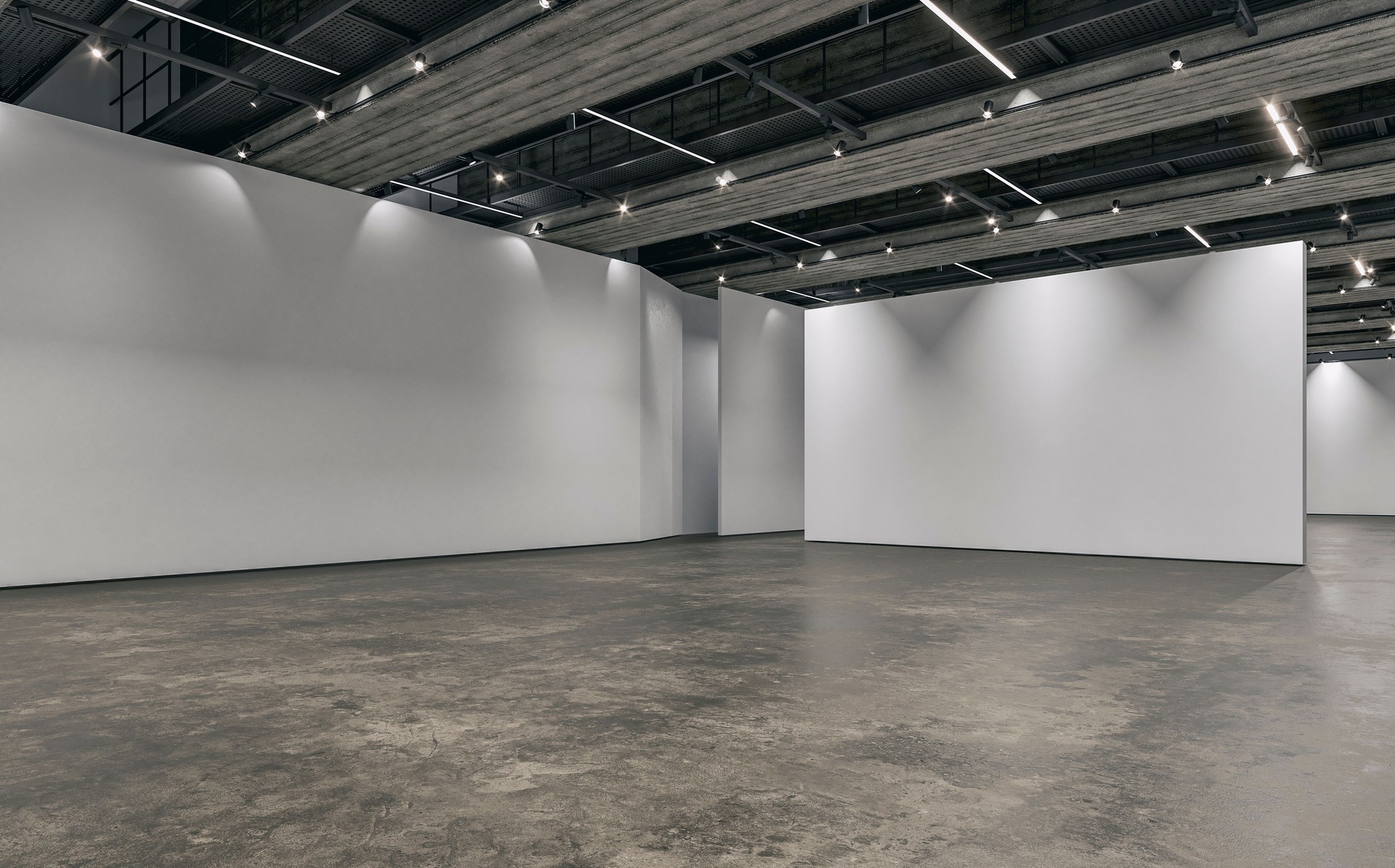 Side view of an empty white large gallery/showroom interior with white partition empty walls for events or artwork exposure, and a ceiling industrial construction with reflectors (lights)